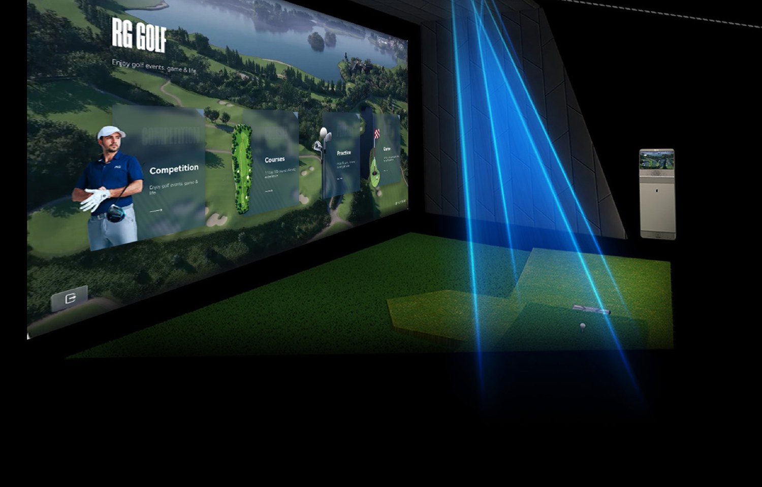 RG Eagleye III triple-camera tracking — ceiling sensor casting tracking beams onto the ball, English RG Golf software on the projection screen
